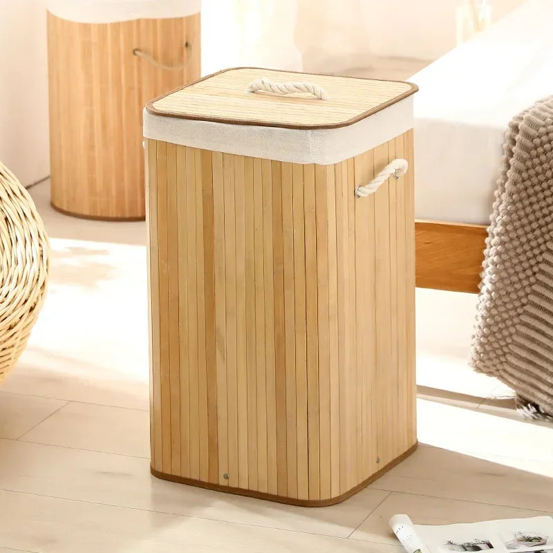 Cesto per Bucato Pieghevole di Grande Capacità, Contenitore in Bambù Rotondo per Organizzare Vestiti, Cesto Compatto per la Casa