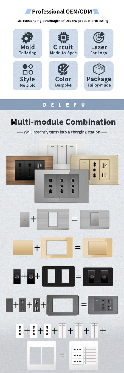 DELEFU Presa Italiana Fai-da-te con USB Tipo C, Interruttore Campanello, 45A 20A, per Tende, Telefono, CAT5, TV, HDMI, SAT, Nera