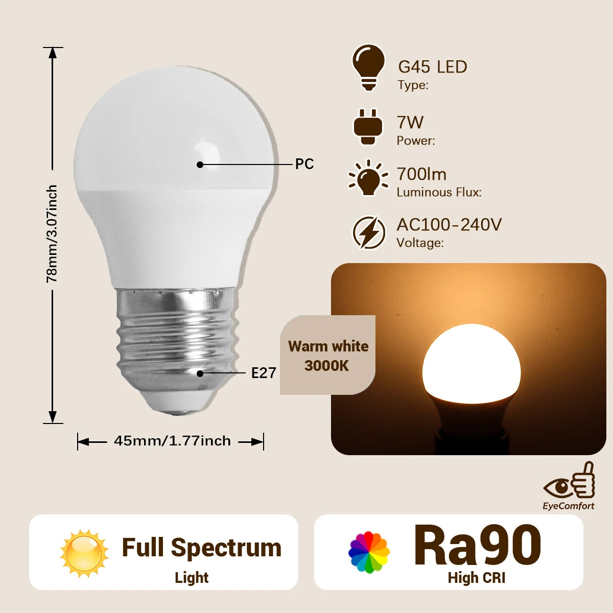 Lampadina LED G45 a spettro completo con attacco E14 E27, indice di resa cromatica CRI90, protezione per gli occhi, lampadina decorativa per illuminazione ambientale interna