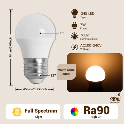 Lampadina LED G45 a spettro completo con attacco E14 E27, indice di resa cromatica CRI90, protezione per gli occhi, lampadina decorativa per illuminazione ambientale interna