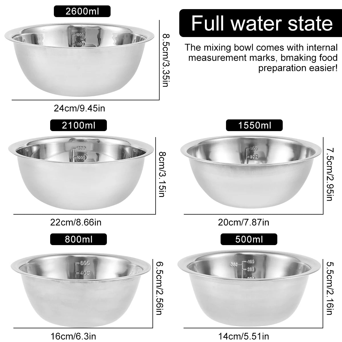 Set di ciotole per insalata da 5 pezzi Set di ciotole per zuppa multiuso in acciaio inossidabile 5 dimensioni Ciotole per nidificazione per cucina Cottura Cottura Conservazione degli alimenti