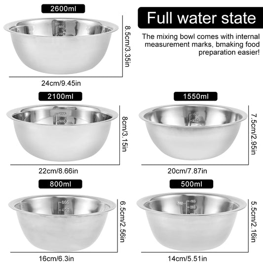 Set di ciotole per insalata da 5 pezzi Set di ciotole per zuppa multiuso in acciaio inossidabile 5 dimensioni Ciotole per nidificazione per cucina Cottura Cottura Conservazione degli alimenti