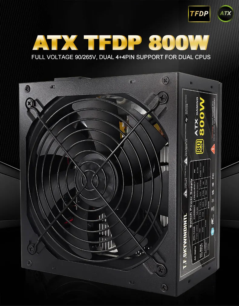 Alimentatore PC ATX Completamente Modulare da 800W, PSU Gaming 80 Plus Gold, Ventola a Bassa Rumorosità da 130mm, Circuiti di Protezione PFC Attivo per Doppia CPU, 110‑230V