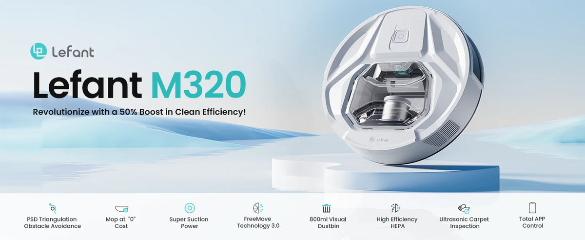 Robot Aspirapolvere Lefant M320 con Funzione Lavapavimenti, Potente Aspirazione 6000Pa, Contenitore Polvere Visibile, Rilevamento Tappeti, Controllo Vocale Alexa