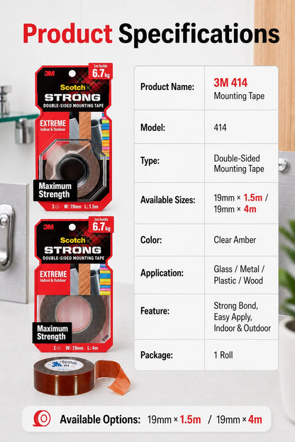 Nastro Biadesivo 3M 414 per Montaggio, Nastro Adesivo in Schiuma Resistente, Impermeabile per Esterni, per Vetro, Metallo, Legno, Muro, 19mm 1.5m 4m