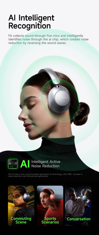 Picun F6 Cuffie wireless con cancellazione attiva del rumore Monitoraggio della testa Audio 3D 40mm Cuffie Bluetooth ANC ad alta risoluzione Controllo APP HIFI