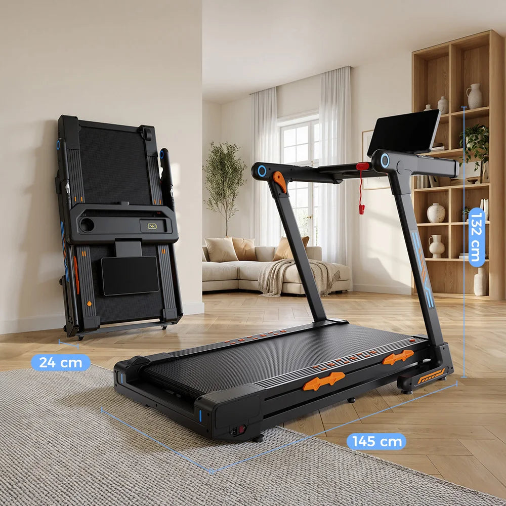 Treadmill Pieghevole FT71 4.0HP, Pedana da Camminata con Inclinazione Automatica del 24%, Macchina da Corsa con APP, Ricarica Wireless, Display LED, Capacità 150KG