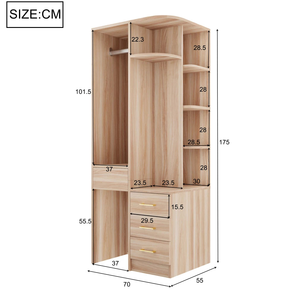 Armadio Moderno Multifunzionale Autoportante, 70 × 55 × 175 Cm, Mobile per la Conservazione dei Vestiti con Finitura in Legno di Alta Qualità, Scomparti di Stoccaggio a Più Livelli Integrati e Ampio Appendiabiti, Pratico