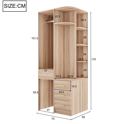 Armadio Moderno Multifunzionale Autoportante, 70 × 55 × 175 Cm, Mobile per la Conservazione dei Vestiti con Finitura in Legno di Alta Qualità, Scomparti di Stoccaggio a Più Livelli Integrati e Ampio Appendiabiti, Pratico