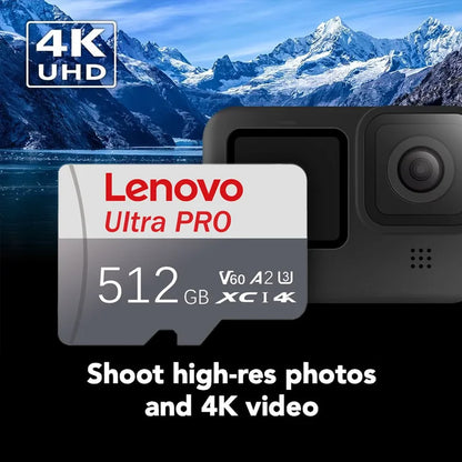 Scheda di memoria MicroSD ad alta velocità Lenovo, scheda TF, 1T, 128GB, 256GB, 512GB, classe A2, stabile, per registrazioni 4K, compatibile con DJI Pocket4 Action Cam.