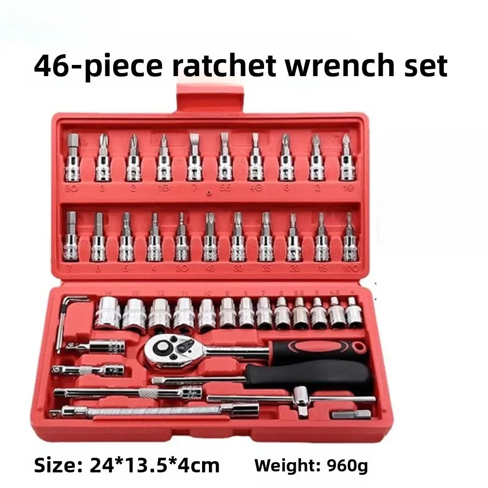 Set di 46 pezzi di bussole a cricchetto da 1/4 di pollice con punte esagonali metriche, kit di attrezzi meccanici per la riparazione auto