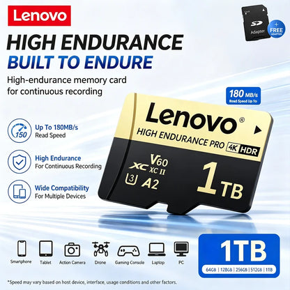 Scheda di memoria Micro SD TF ad alte prestazioni Lenovo, 1 TB, classe V60, A2, U3, per fotocamere d’azione DJI GoPro, 128 GB, 256 GB, 512 GB, scheda di memoria per droni.