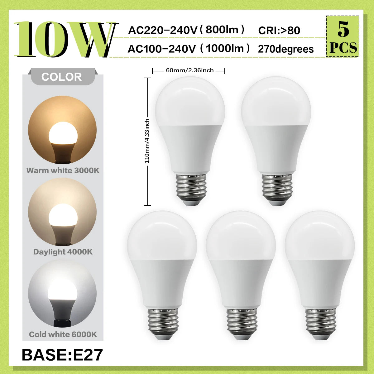 Set di 5 Lampadine LED E27 da 20W, 18W, 15W, 12W, 10W, 9W, 8W, AC220V, Potenza Reale, A60 A80, per Soggiorno e Casa