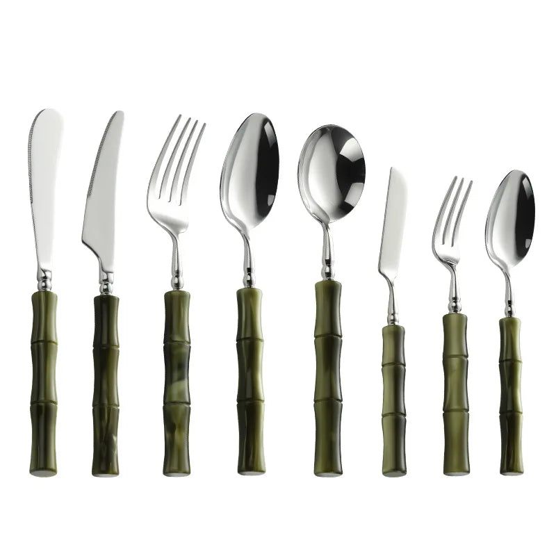 Set di Posate in Resina Stile Bambù, Acciaio Inossidabile 304, Posate Classiche, Opzioni da 1/3/4 Pezzi per Casa e Cucina