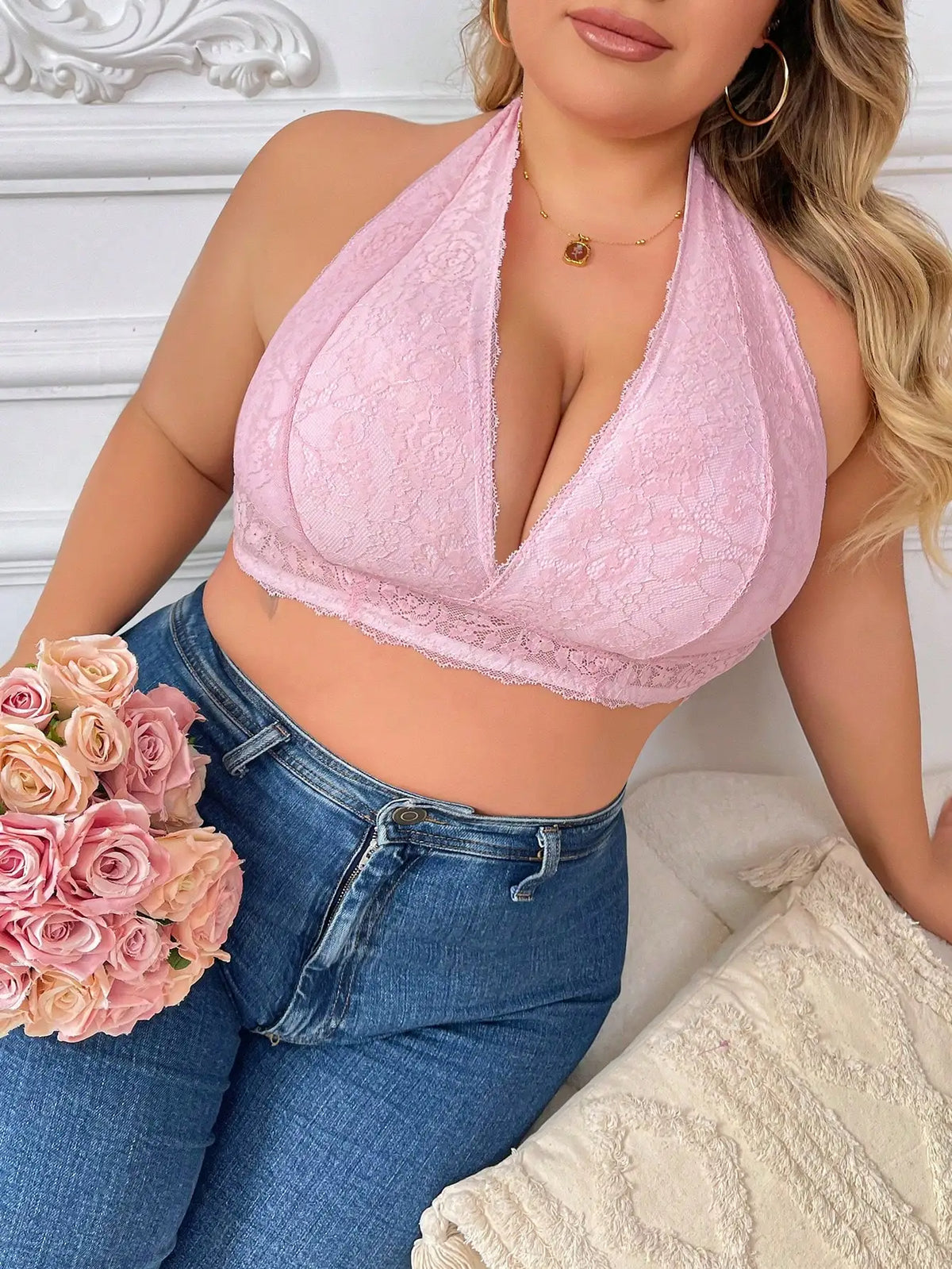 Collo sexy da donna appeso taglie forti Lingerie fiore rosa pizzo push up reggiseno senza cuciture reggiseno casual quotidiano HR2633