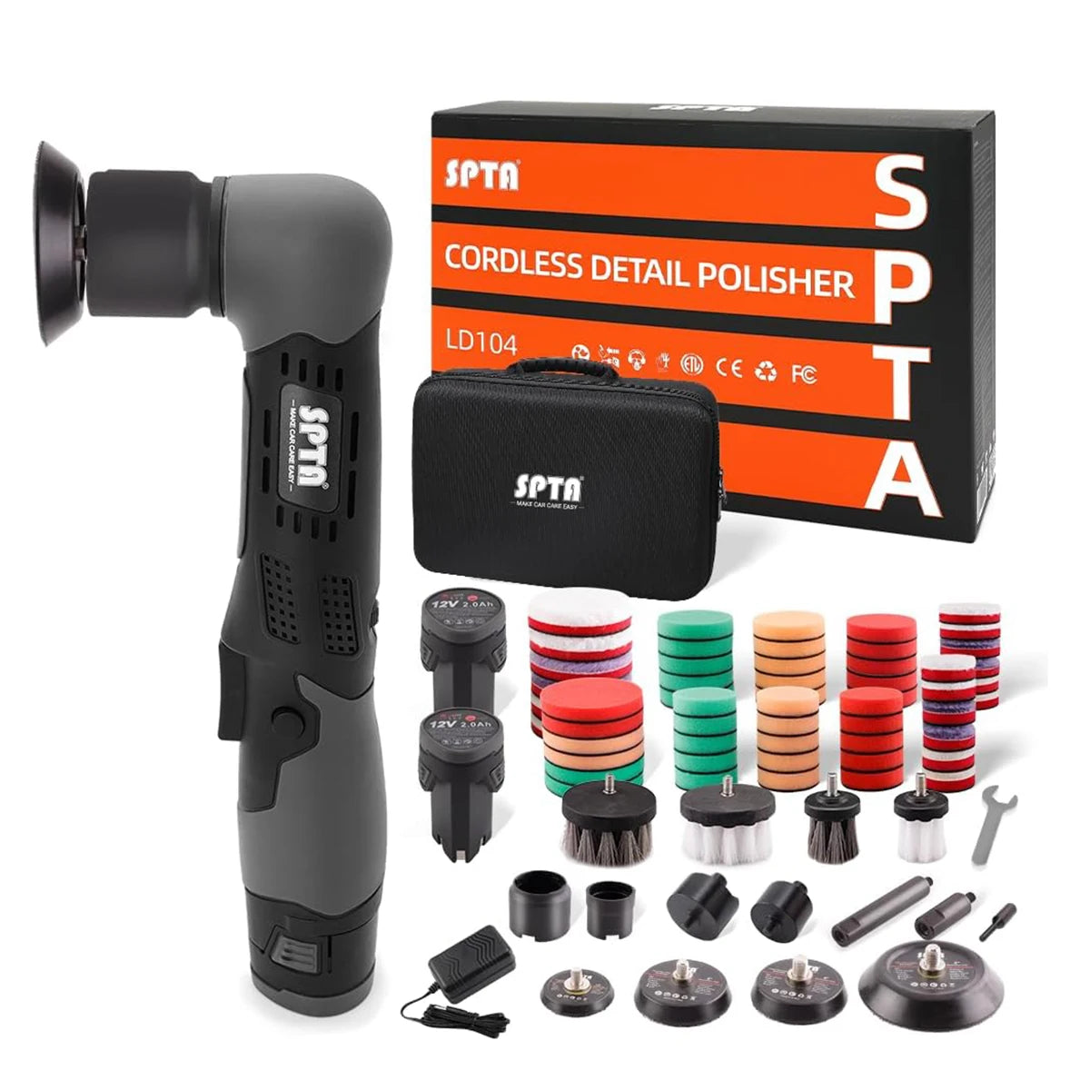 Lucidatrice per Auto Portatile SPTA 2.0 Ah a Batteria, Mini Macchina RO/DA con Tamponi da 1/2/3 Pollici per Dettaglio Auto, Ceratura e Lucidatura