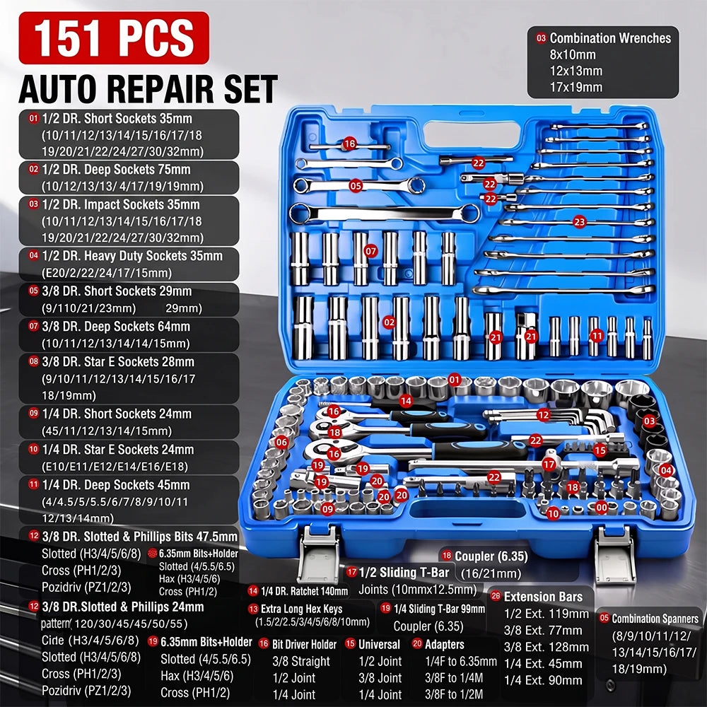 Set di Chiavi a Bussola da 53/82/108/151 Pezzi con Attacco da 1/4", 3/8", 1/2" e Kit di Punte a Cricchetto per Riparazione Auto e Moto, Utensili Manuali da Meccanico con Valigetta