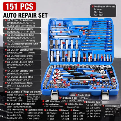 Set di Chiavi a Bussola da 53/82/108/151 Pezzi con Attacco da 1/4", 3/8", 1/2" e Kit di Punte a Cricchetto per Riparazione Auto e Moto, Utensili Manuali da Meccanico con Valigetta