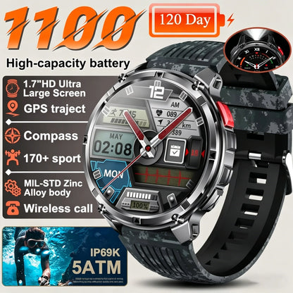 Nuovo Smartwatch T-REX3 Ultra con Batteria da 1100mAh, Impermeabile 10ATM, GPS, Bussola, Torcia, Display AMOLED HD da 1.7'', Chiamate, Orologio Sportivo Intelligente per Uomo