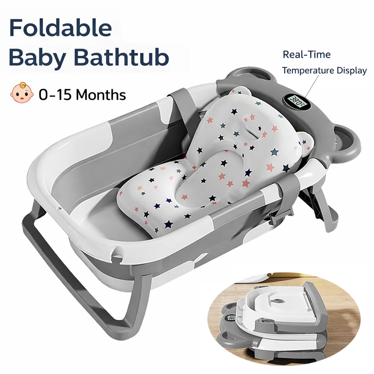 Vasca da Bagno Pieghevole per Neonati con Termometro, Tappetino Antiscivolo, Cuscino di Supporto, Vasca Portatile per Doccia Neonati 0-15M, Piscina da Viaggio