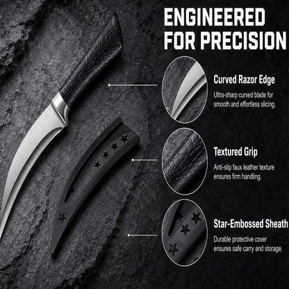 Coltello da cucina professionale in acciaio inossidabile. Coltello affilato per tagliare carne e verdure. Manico antiscivolo con fodero.