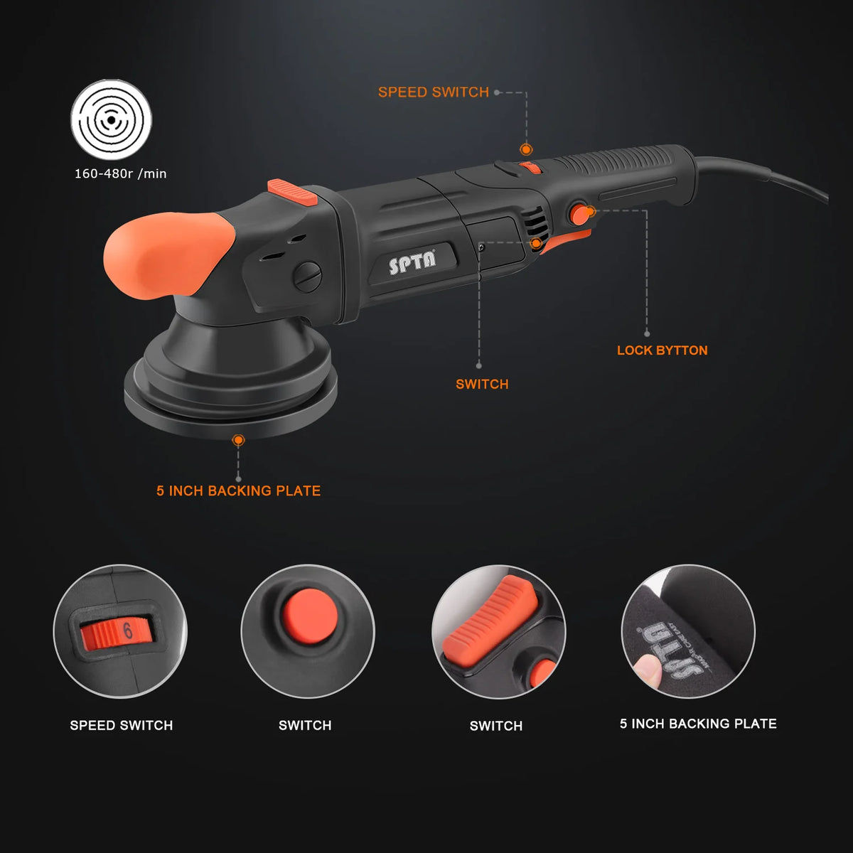 SPTA Nuovo modello CP503 Lucidatrice a doppia azione forzata con orbita da 1100 W 8 mm Lucidatrice da 5 "(125 mm) / 6"(150 mm)