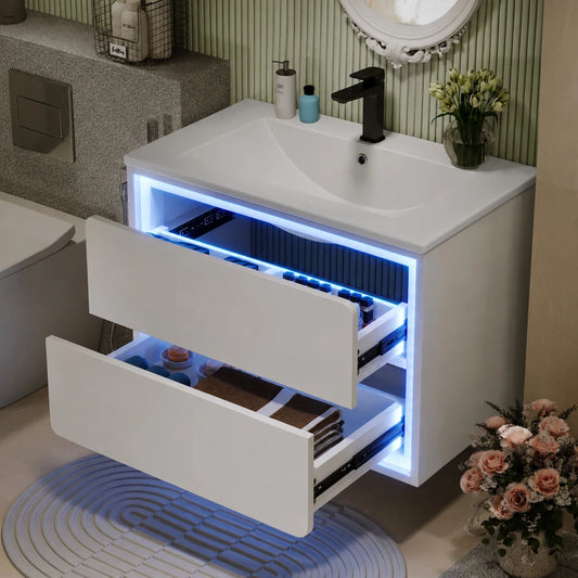 Mobile da bagno bianco da parete 76x46x48,5 cm con finitura completamente verniciata, due cassetti con guide scorrevoli silenziose, unità lavabo con lavello integrato, mobile per il bagno, arredo per la casa.