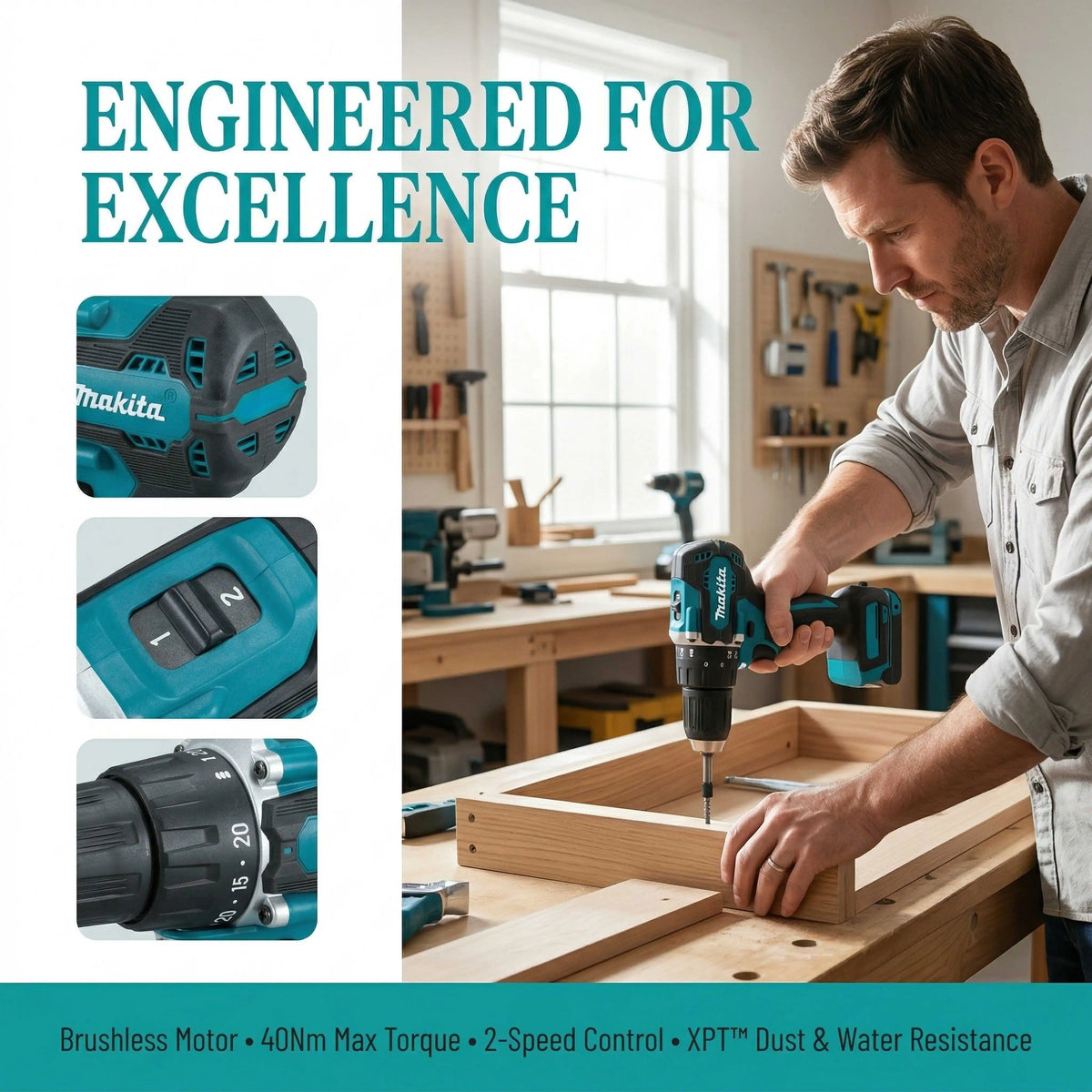 Makita DDF487 Trapano Avvitatore a Batteria 18V Brushless Compatto ad Alta Coppia a Velocità Variabile per Lavorazione del Legno Compatibile con Batterie Makita