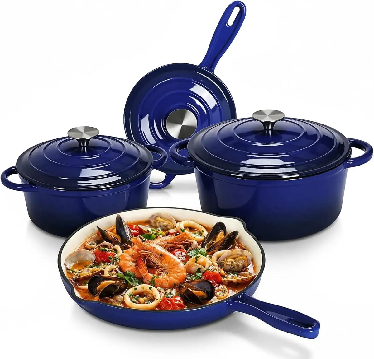Set di Pentole in Ghisa Smaltata Antiaderente, 7 Pezzi, Set di Pentole e Padelle per Gas/Induzione, Senza PFOA e PFAS