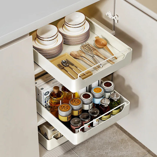 Scaffale estraibile da cucina senza foratura, cestello sottolavello, cassetto per armadio, scatola portaoggetti, organizer scorrevole