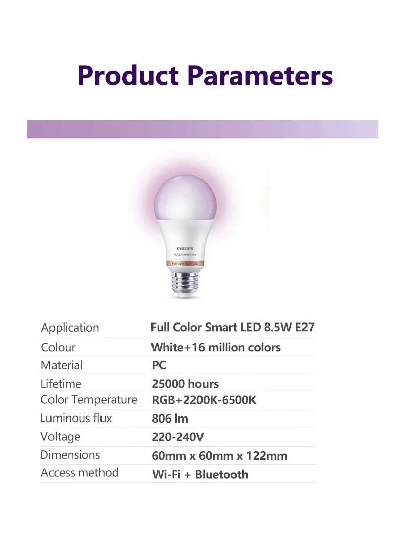 Philips 2PCS LED Smart E27 Lampadine WiZ 8.5W Wi-Fi e Bluetooth 220-240V Full Color EyeComfort Luce smerigliata dimmerabile A Lampade