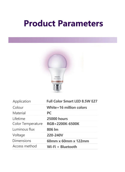 Philips 2PCS LED Smart E27 Lampadine WiZ 8.5W Wi-Fi e Bluetooth 220-240V Full Color EyeComfort Luce smerigliata dimmerabile A Lampade