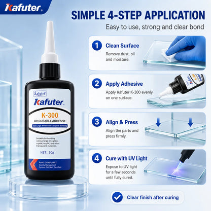 Adesivo UV Kafuter K-300 K-302 K-303 K-306, Colla Trasparente per Vetro, Acrilico e Cristallo, per Riparazioni Fai-da-Te, 50g