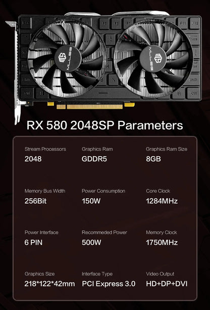 Schede grafiche MLLSE Radeon RX580 8G Memoria GDDR5 Scheda video per giochi PCIE3.0x16 GPU Componenti per computer desktop AMD RX 580 8G