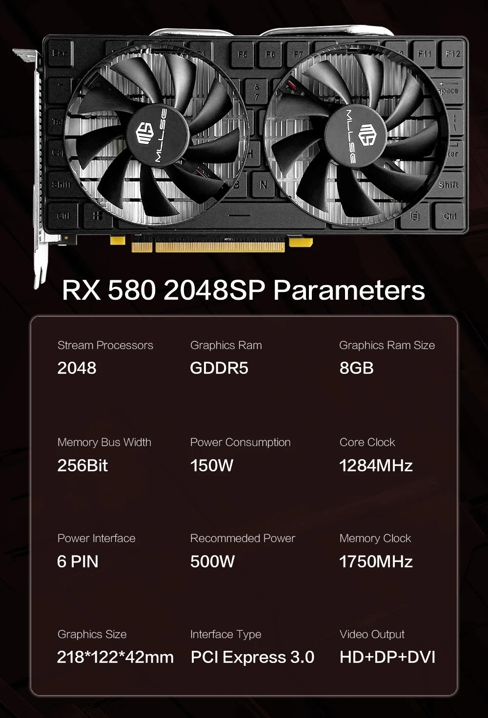 Scheda Video da Gioco MLLSE RX 580 8GB 2048SP GDDR5 256Bit 6Pin PCI Express 3.0 × 16 AMD Radeon GPU RX 580 8G