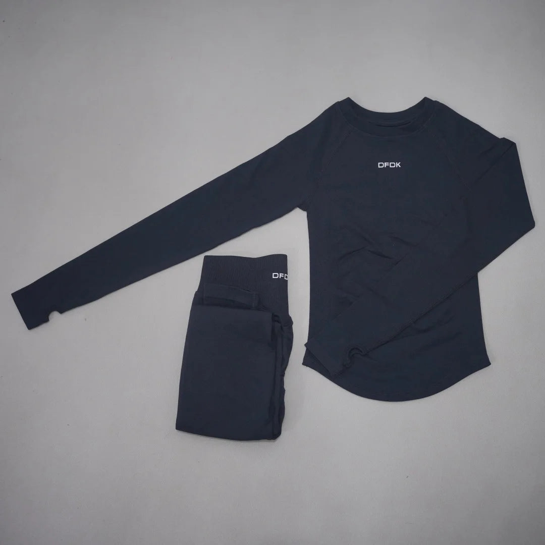 DFDK Set Yoga da Donna 2 Pezzi Senza Cuciture, Top a Maniche Lunghe Slim Fit e Leggings a Vita Alta, Traspirante e ad Asciugatura Rapida per Palestra, Corsa e Fitness