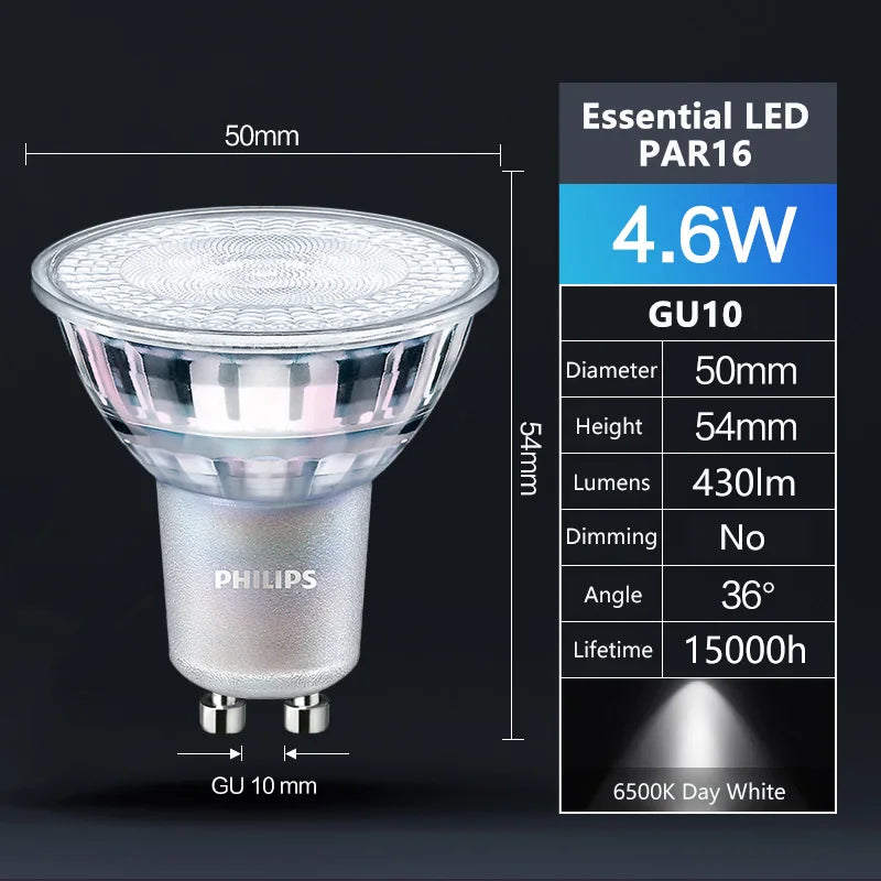 Faretto Philips Essential LED GU10 PAR16 Classic 4,6W (=50W alogeno) 220-240V Lampadine 36 °   Lampade da incasso a LED bianche di grado