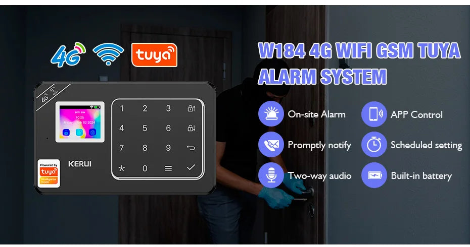 Sistema di Allarme Domestico KERUI WIFI 4G GSM Compatibile con App Tuya Smart Life, Alexa e Google, Sicurezza Wireless per Casa 433MHz