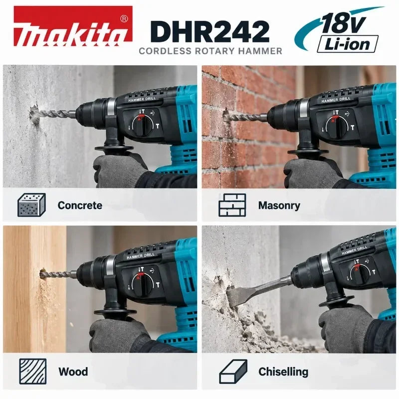 Trapano perforatore rotante SDS Plus Makita DHR242 18V LXT, senza spazzole, a batteria, capacità 24mm per calcestruzzo, 4700 IPM 2.0J, utensile elettrico professionale a 3 modalità, compatibile con BL1860B BL1850B BL1815, s