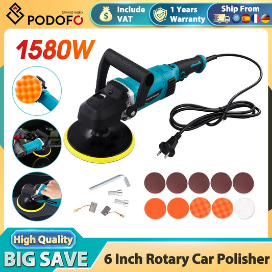 Podofo 1580W Lucidatrice Rotativa per Auto da 6'' con 4 Tipi di Tamponi, Lucidatrice Elettrica per Auto a 7 Velocità, Macchina per Lucidatura e Ceratura Auto