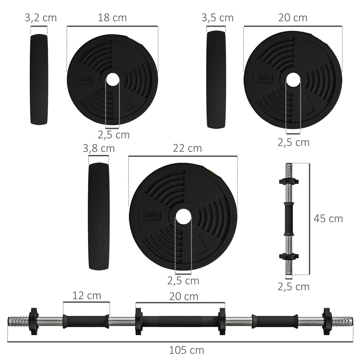 Set di manubri e bilancieri regolabili da 25 kg, 2 in 1, attrezzi per l’allenamento della forza con manici antiscivolo e dischi in plastica per l’uso in palestra domestica, per esercizi di fitness, allenamento muscolare e