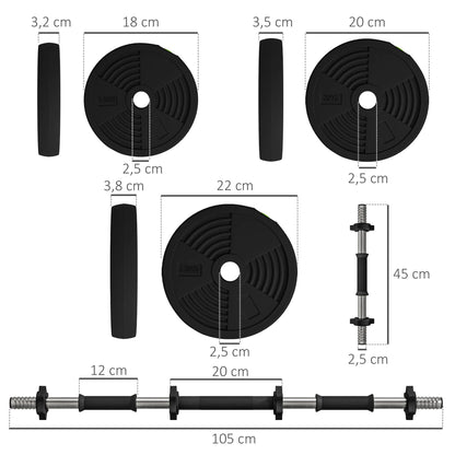 Set di manubri e bilancieri regolabili da 25 kg, 2 in 1, attrezzi per l’allenamento della forza con manici antiscivolo e dischi in plastica per l’uso in palestra domestica, per esercizi di fitness, allenamento muscolare e