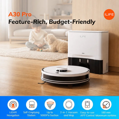 Robot Aspirapolvere ILIFE A30 Pro con Stazione di Svuotamento Automatico, Forte Aspirazione 5000Pa, Navigazione LDS, 180 Minuti di Autonomia, Funzione 2-in-1 Lavaggio e Spazzamento, Controllo APP, Pulizia di Pavimenti e Tappe