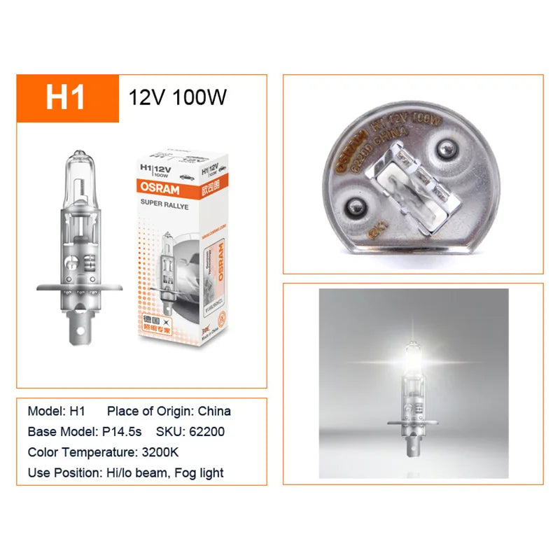 OSRAM CLASSIC H1 H4 H3 H7 Super Rally 12V 100W 80W faro alogeno per auto High Watt lampade autentiche 3200K più luminose (10 pezzi)