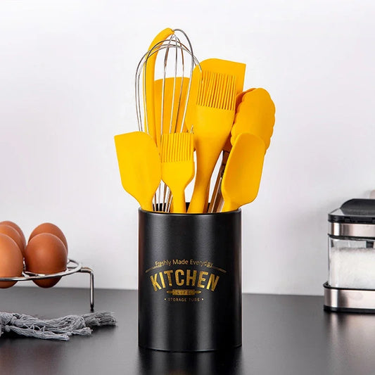 Utensili da cucina in silicone resistente al calore Spatola antiaderente Turner Pinze Cucchiaio da zuppa Pala Spazzola per olio Scatola di immagazzinaggio Utensili da cucina