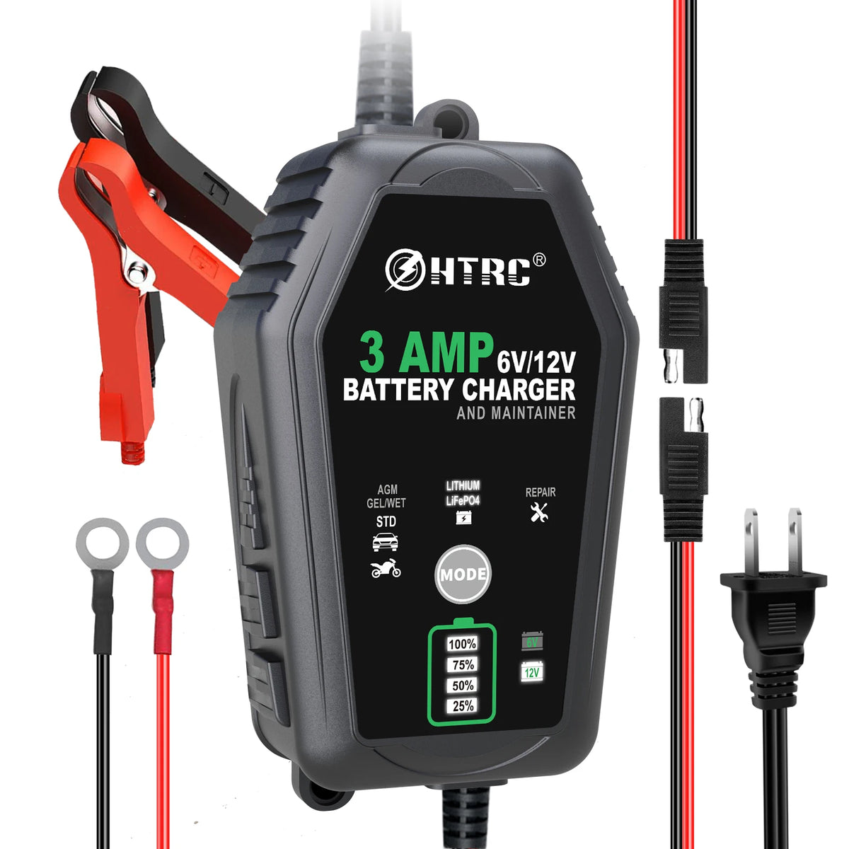 Caricabatterie Intelligente HTRC 6V 12V 3000mA Automatico per Batterie al Litio LiFePO4, Piombo-Acido, AGM, GEL, per Auto e Moto