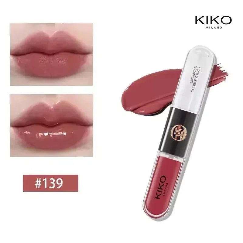 Rossetto Liquido KIKO Unlimited Double Touch, Lunga Durata, Non Sbiadisce, Non Appiccica, Lucidalabbra Volumizzante, Tonalità Milk Tea Bean Paste, Trucco Naturale