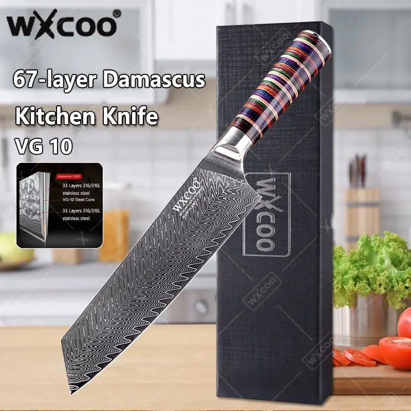 Coltelli da Cucina Professionali WXCOO in Acciaio Damascato con Scatola, Coltello Giapponese per Affettare, Coltello Domestico per Frutta e Verdura, Coltello da Disosso a 67 Strati