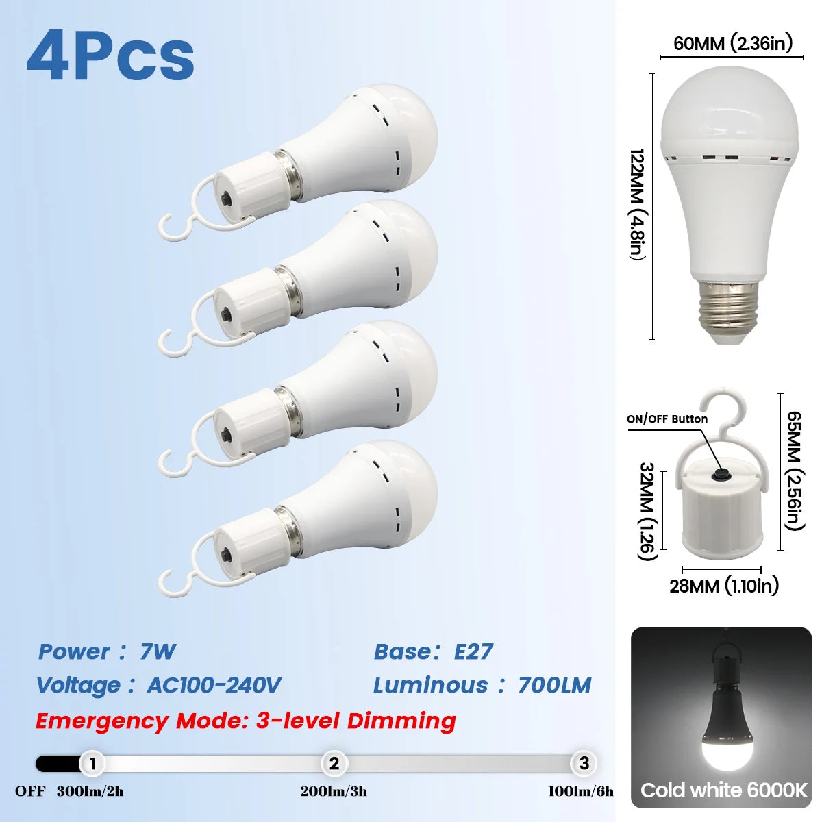 Lampadina LED ricaricabile E27 7W 1500mAh 220V 110V Lampadina di emergenza per alimentazione domestica Lampada da giardino per portico da campeggio in guasto all'aperto
