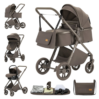Passeggino 3-in-1 Pieghevole per Neonati con Seggiolino Auto e Culla, Telaio in Alluminio Leggero, Passeggino Estivo Traspirante per Panorami
